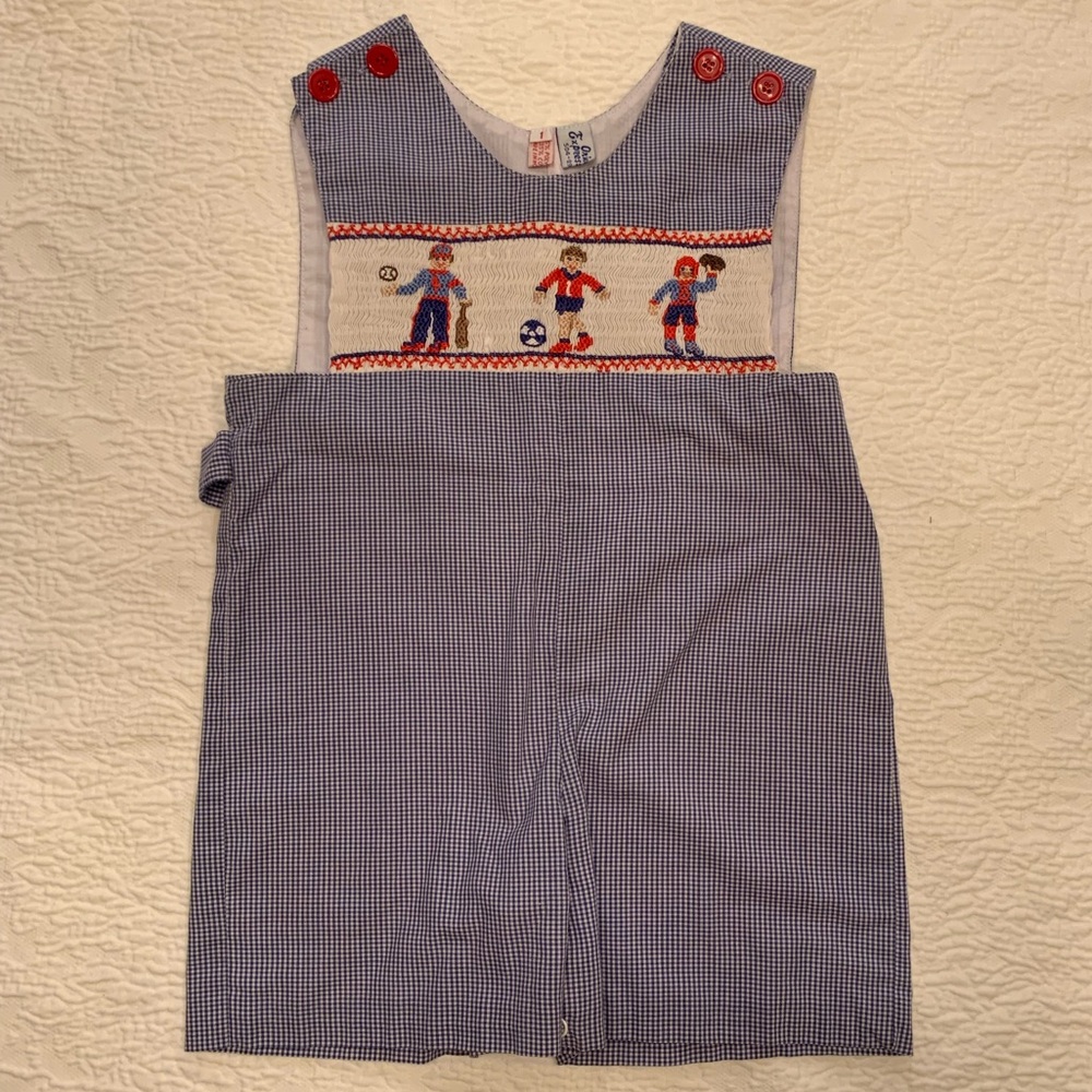 Orient Expressed Smocked Sports Gingham Jon Jon Romper size 1 baseball soccer